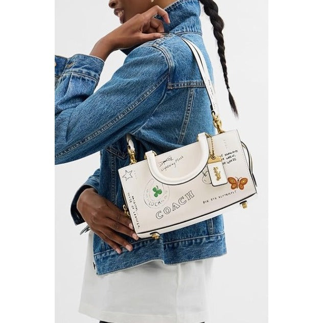 NEW!! Coach Rogue 25 Tote Bag With Dinosaur & Lucky Drawings In Chalk White Leather