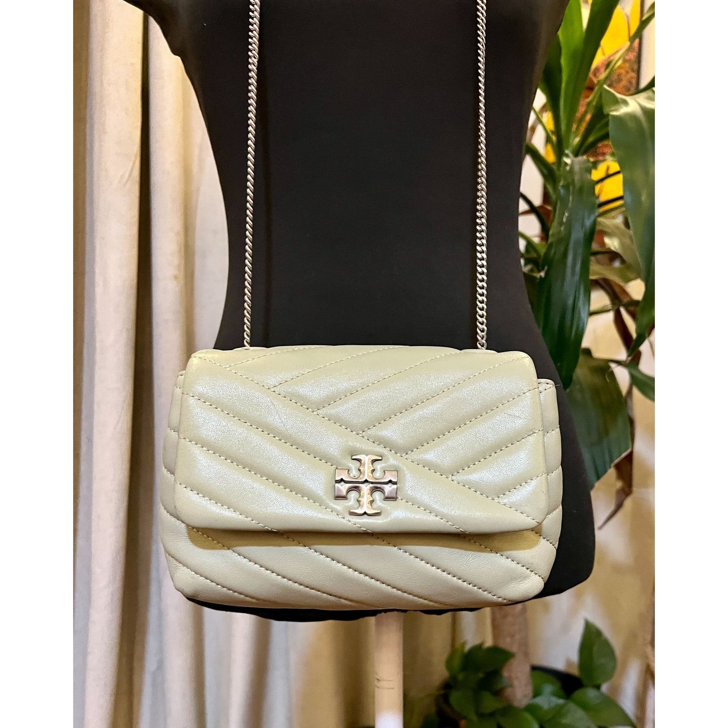 TORY BURCH SAGE GREEN AND SILVER KIRA CONVERTIBLE SHOULDER BAG
