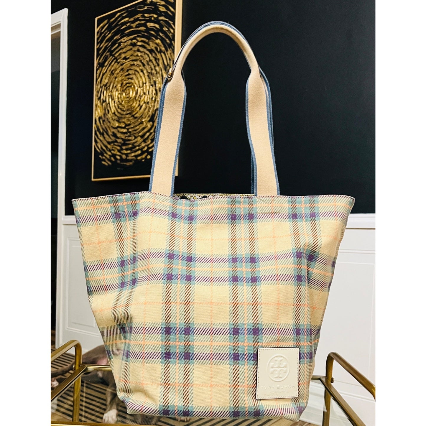 Tory Burch Plaid and Logo Reversable Carryall Shoulder Bag