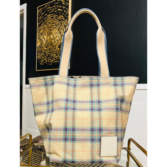 Tory Burch Plaid and Logo Reversable Carryall Shoulder Bag