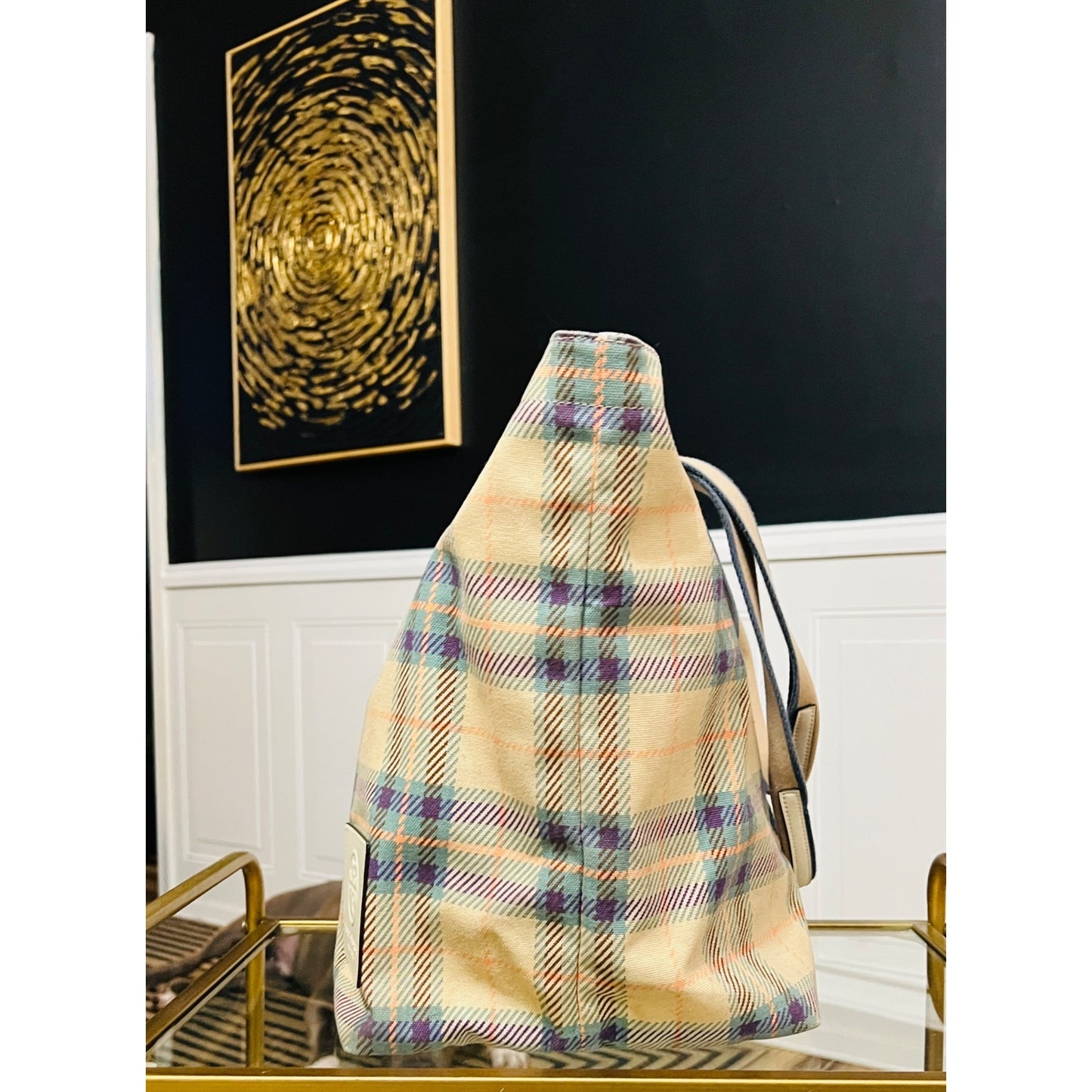 Tory Burch Plaid and Logo Reversable Carryall Shoulder Bag