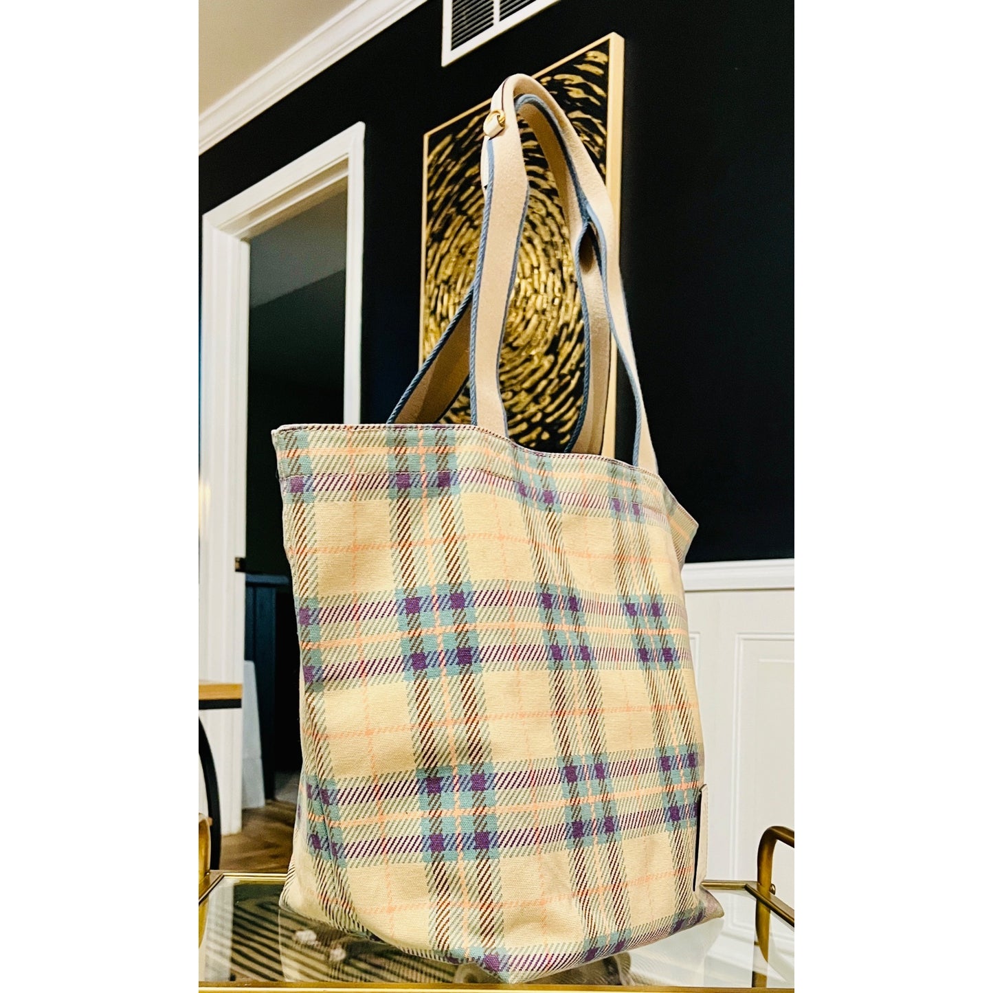 Tory Burch Plaid and Logo Reversable Carryall Shoulder Bag