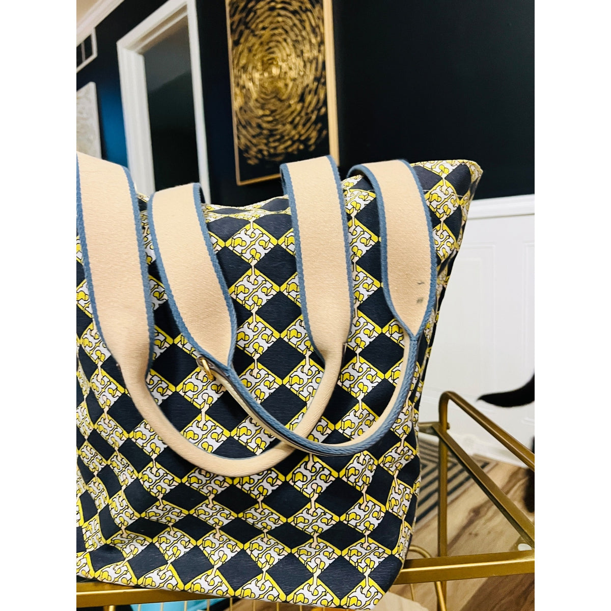 Tory Burch Plaid and Logo Reversable Carryall Shoulder Bag