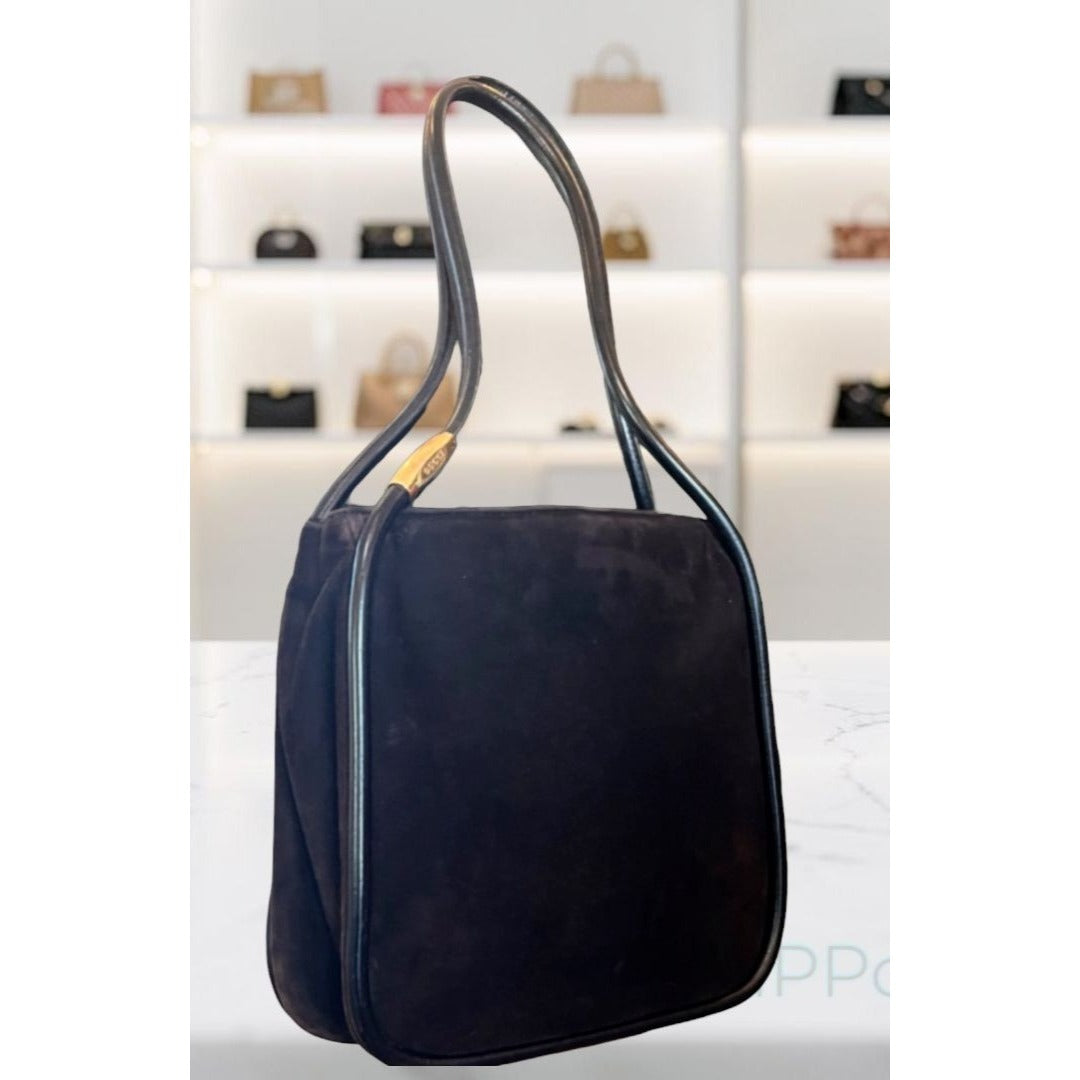 Gucci Black & Brown Suede Shoulder Bag With Leather Trim & Double Handles