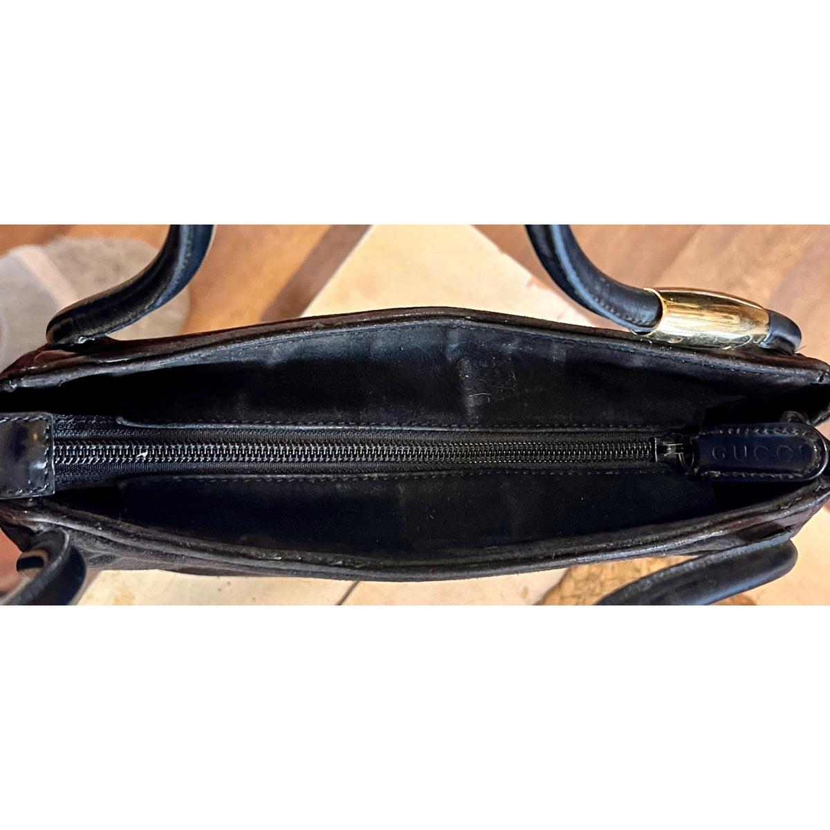 Gucci Black & Brown Suede Shoulder Bag With Leather Trim & Double Handles