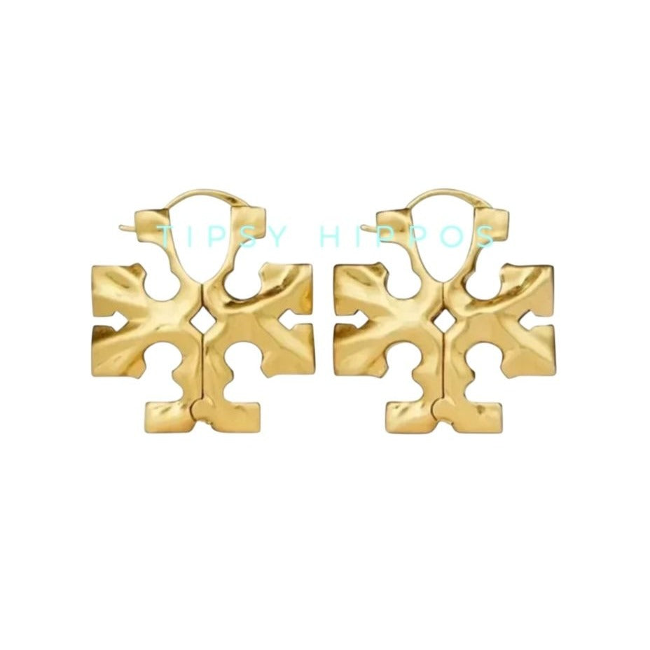 TORY BURCH GOLD ROXANNE HIDDEN LOGO HOOP EARRINGS