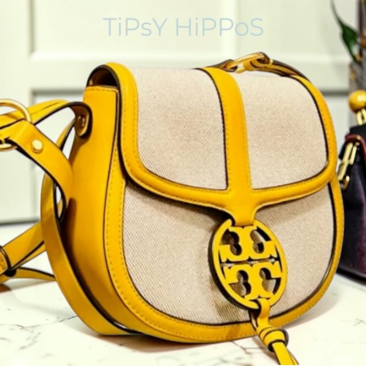 Tory Burch Miller Canvas & Leather Saddle Bag Yellow/Natural Crossbody
