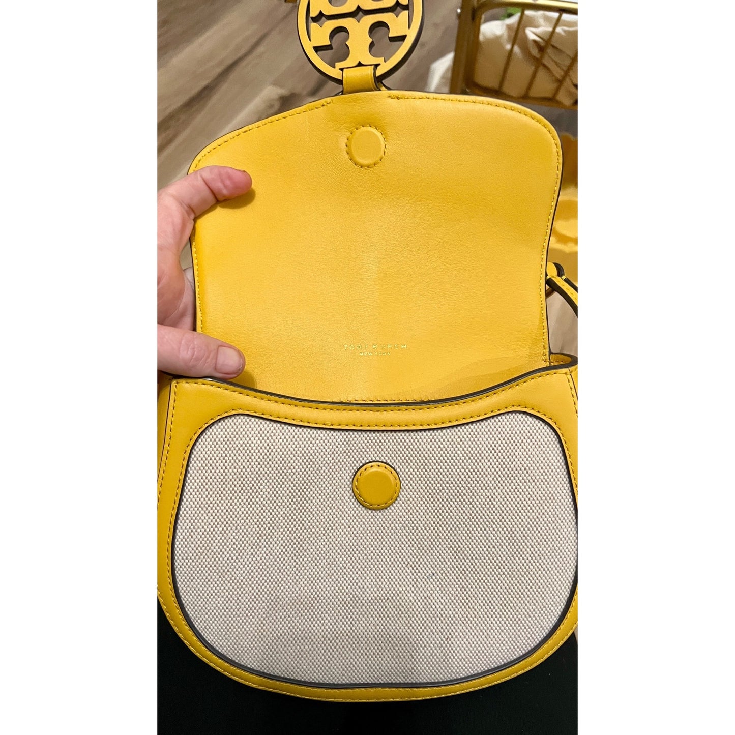 Tory Burch Miller Canvas & Leather Saddle Bag Yellow/Natural Crossbody