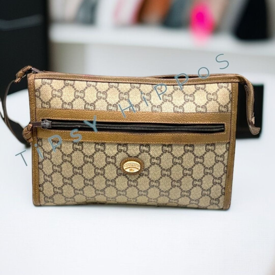 Vintage Gucci Plus Monogram Canvas Brown Leather Clutch With Zipper & Logo Detail