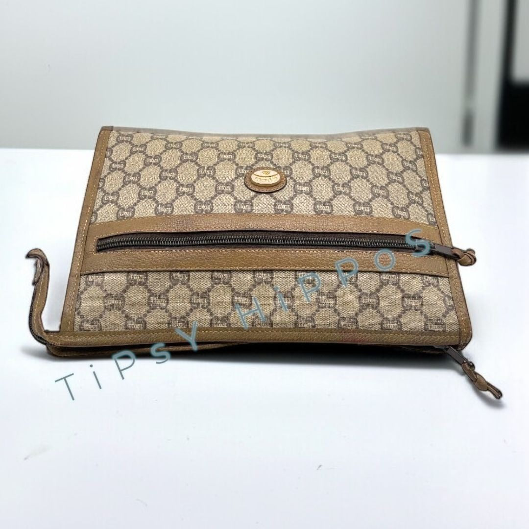 Vintage Gucci Plus Monogram Canvas Brown Leather Clutch With Zipper & Logo Detail