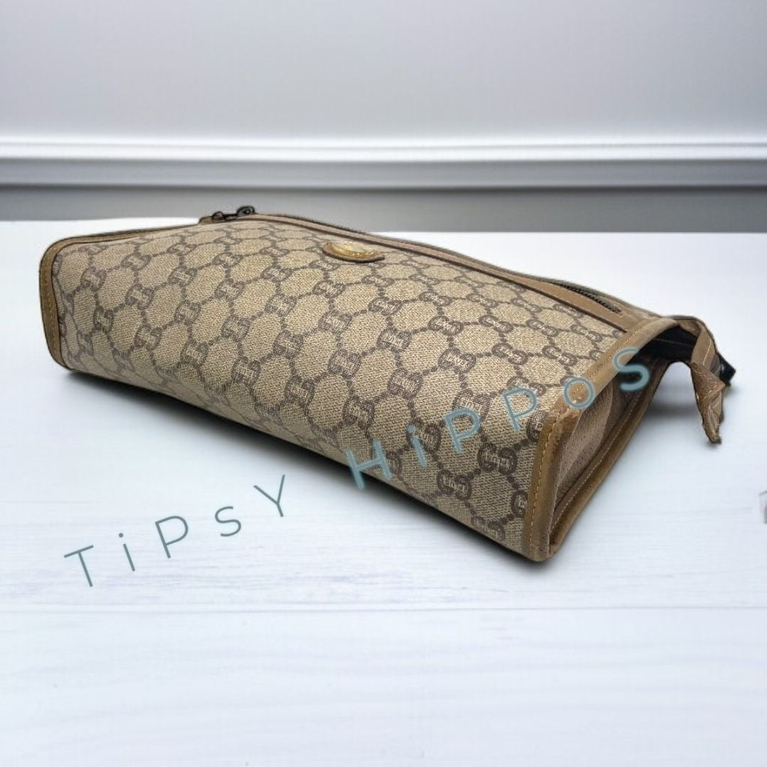 Vintage Gucci Plus Monogram Canvas Brown Leather Clutch With Zipper & Logo Detail