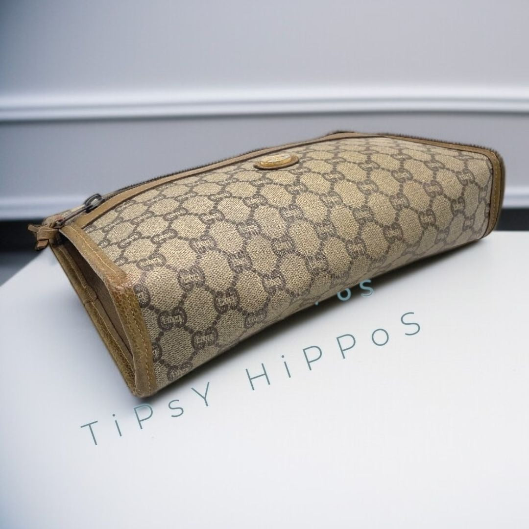 Vintage Gucci Plus Monogram Canvas Brown Leather Clutch With Zipper & Logo Detail