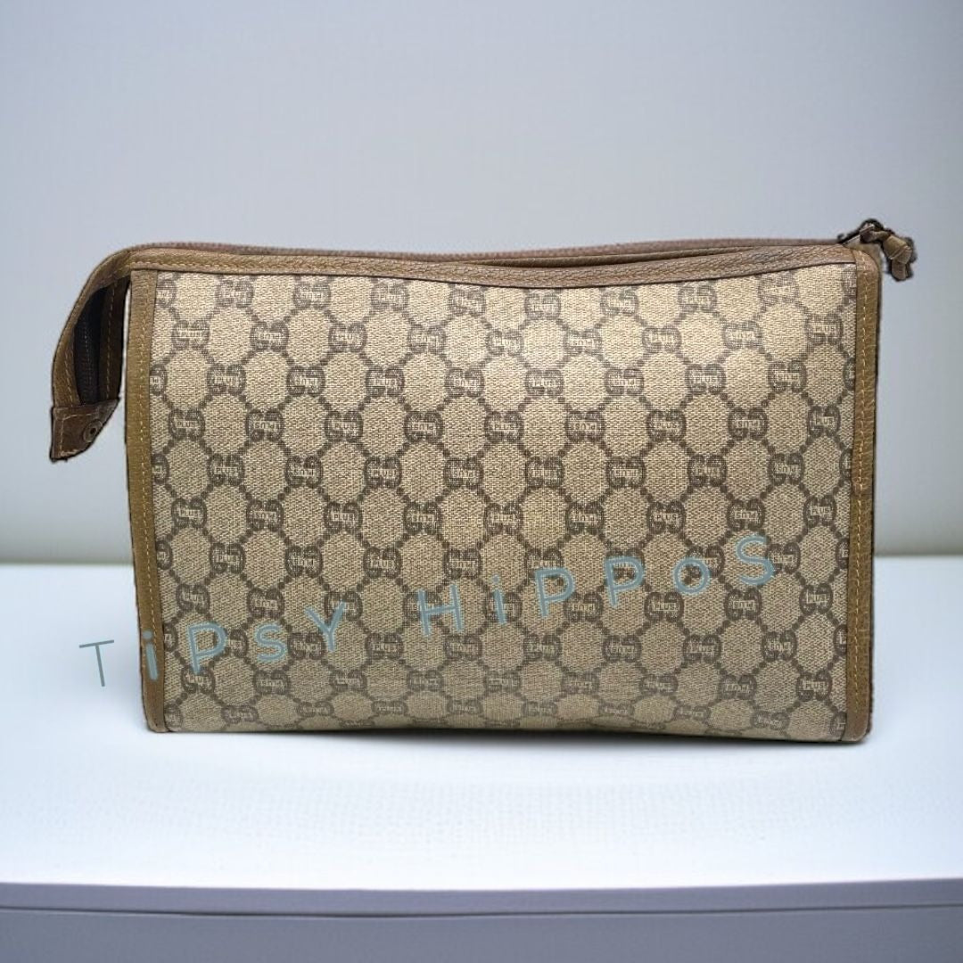 Vintage Gucci Plus Monogram Canvas Brown Leather Clutch With Zipper & Logo Detail