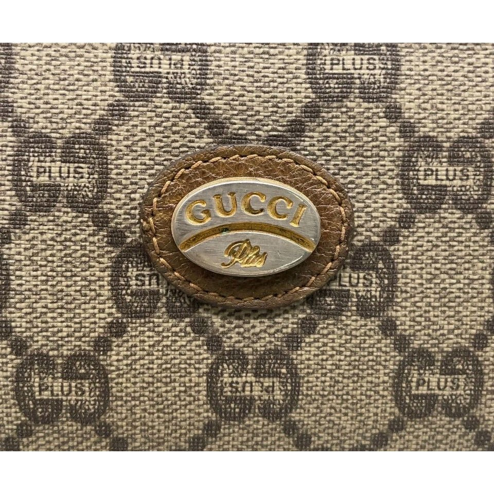Vintage Gucci Plus Monogram Canvas Brown Leather Clutch With Zipper & Logo Detail