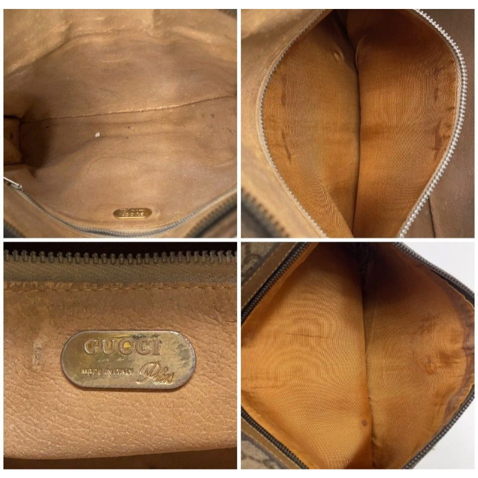 Vintage Gucci Plus Monogram Canvas Brown Leather Clutch With Zipper & Logo Detail