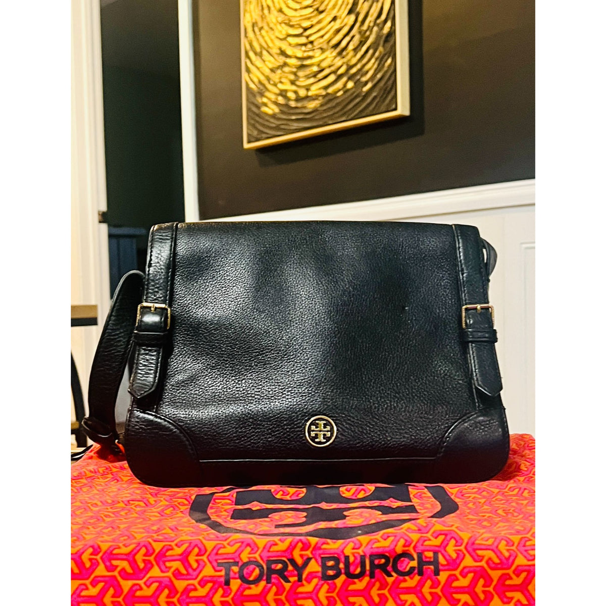 TORY BURCH BLACK LEATHER VINTAGE ROBINSON SHOULDER BAG WITH ADJUSTABLE STRAP