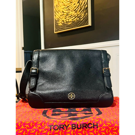 TORY BURCH BLACK LEATHER VINTAGE ROBINSON SHOULDER BAG WITH ADJUSTABLE STRAP