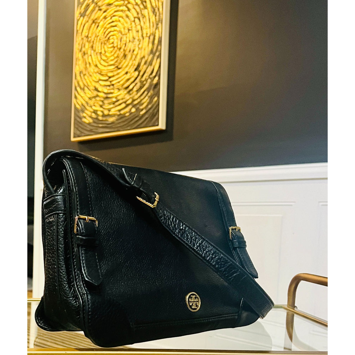 TORY BURCH BLACK LEATHER VINTAGE ROBINSON SHOULDER BAG WITH ADJUSTABLE STRAP