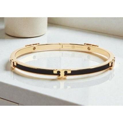 Tory Burch Black & Gold Enamel Serif Bangle Bracelet