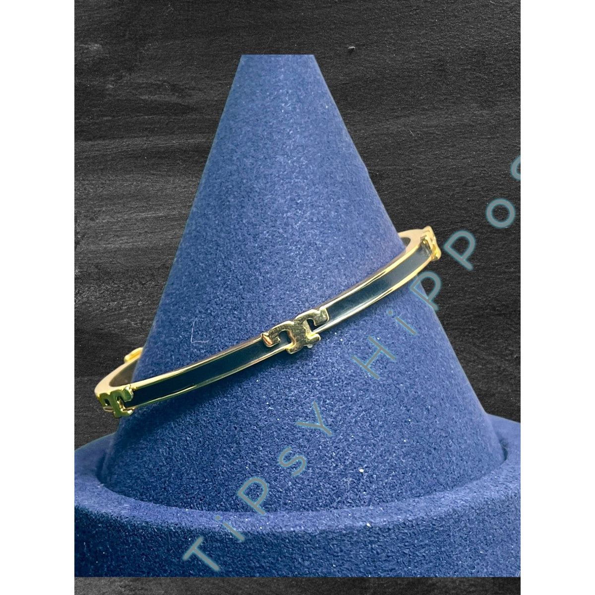 Tory Burch Black & Gold Enamel Serif Bangle Bracelet
