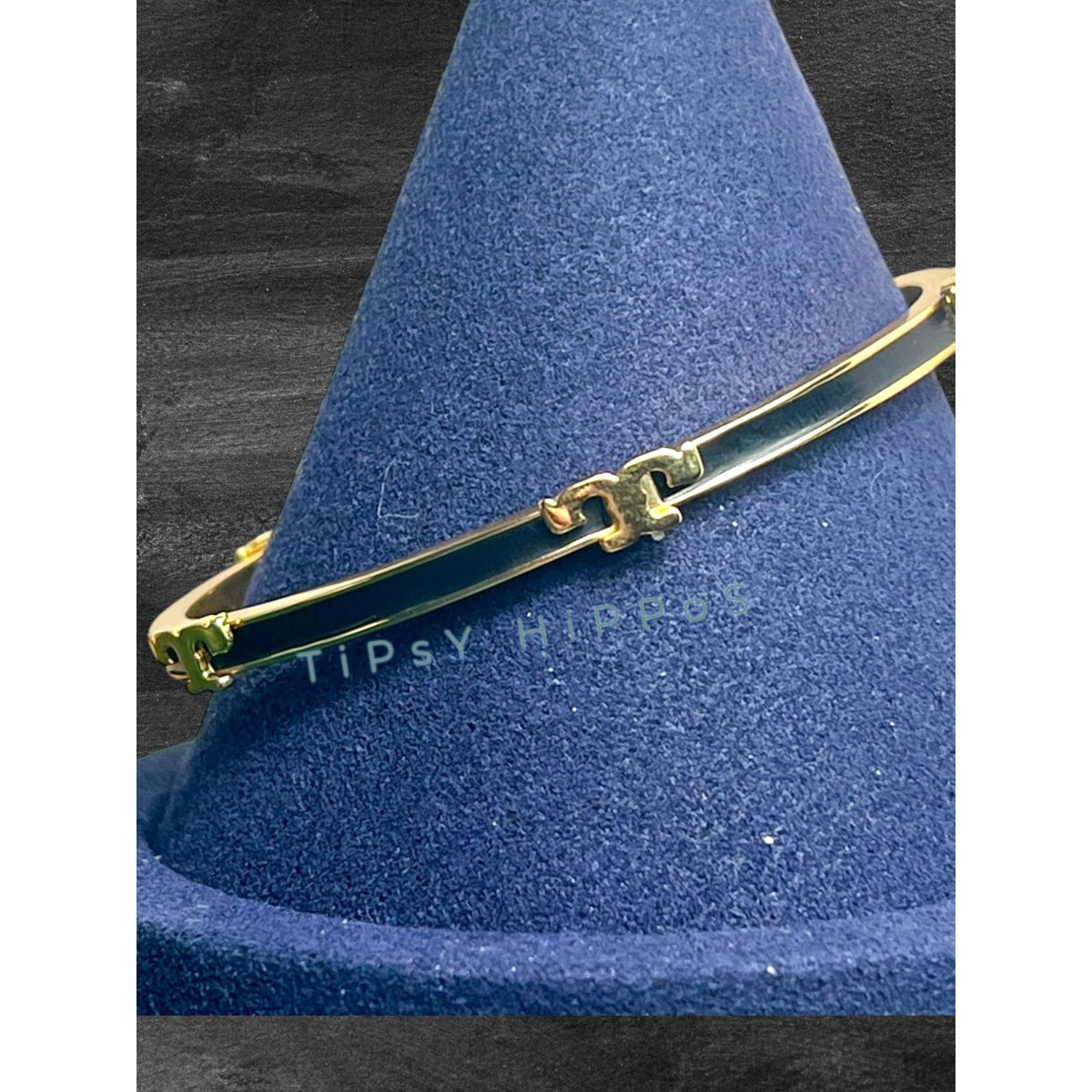 Tory Burch Black & Gold Enamel Serif Bangle Bracelet