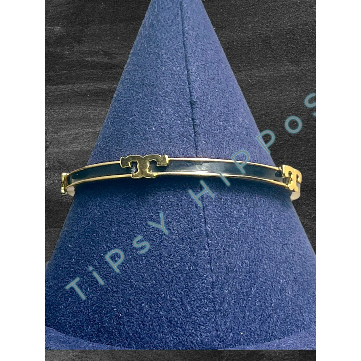 Tory Burch Black & Gold Enamel Serif Bangle Bracelet
