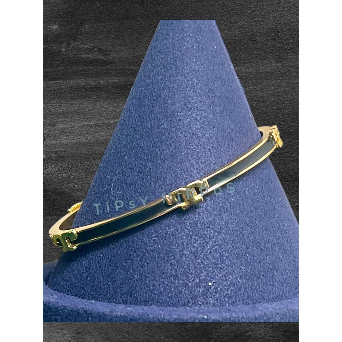 Tory Burch Black & Gold Enamel Serif Bangle Bracelet