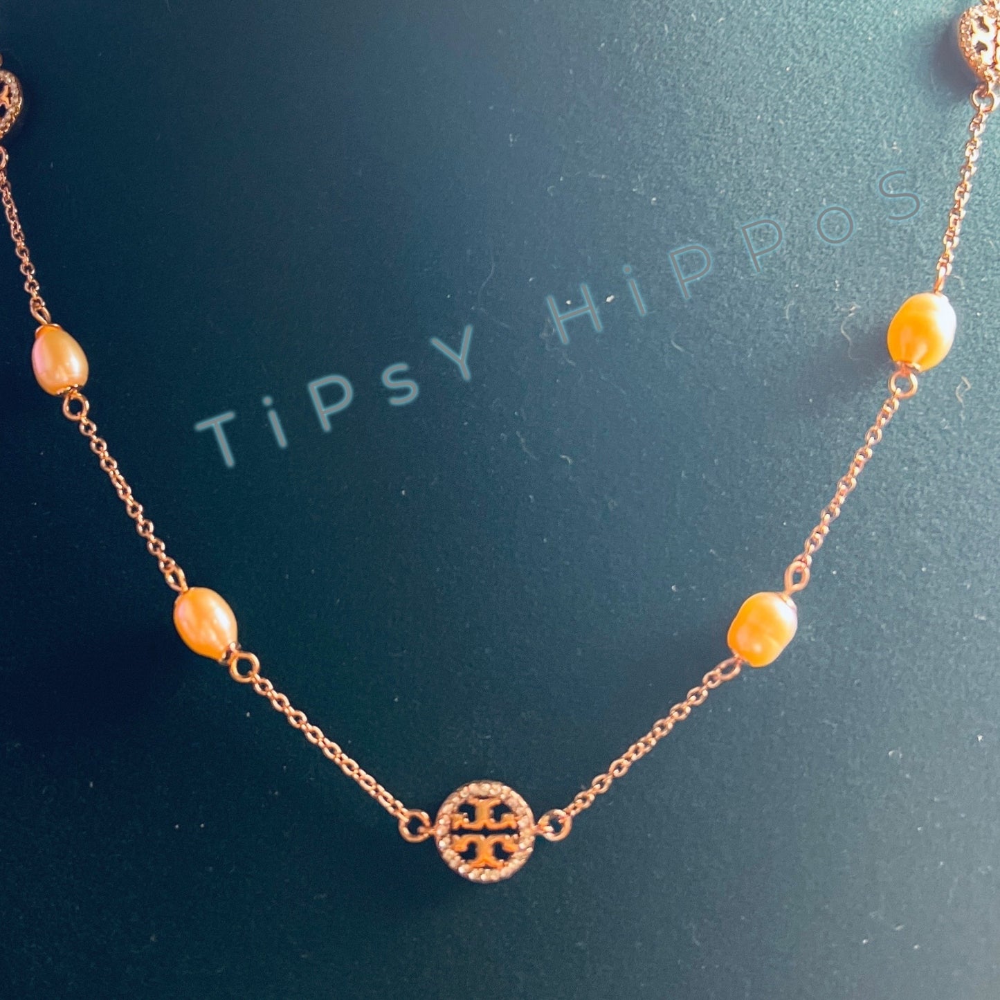 NEW!!  Tory Burch Rose Gold Miller Crystal Pave Logo and Pearl Necklace