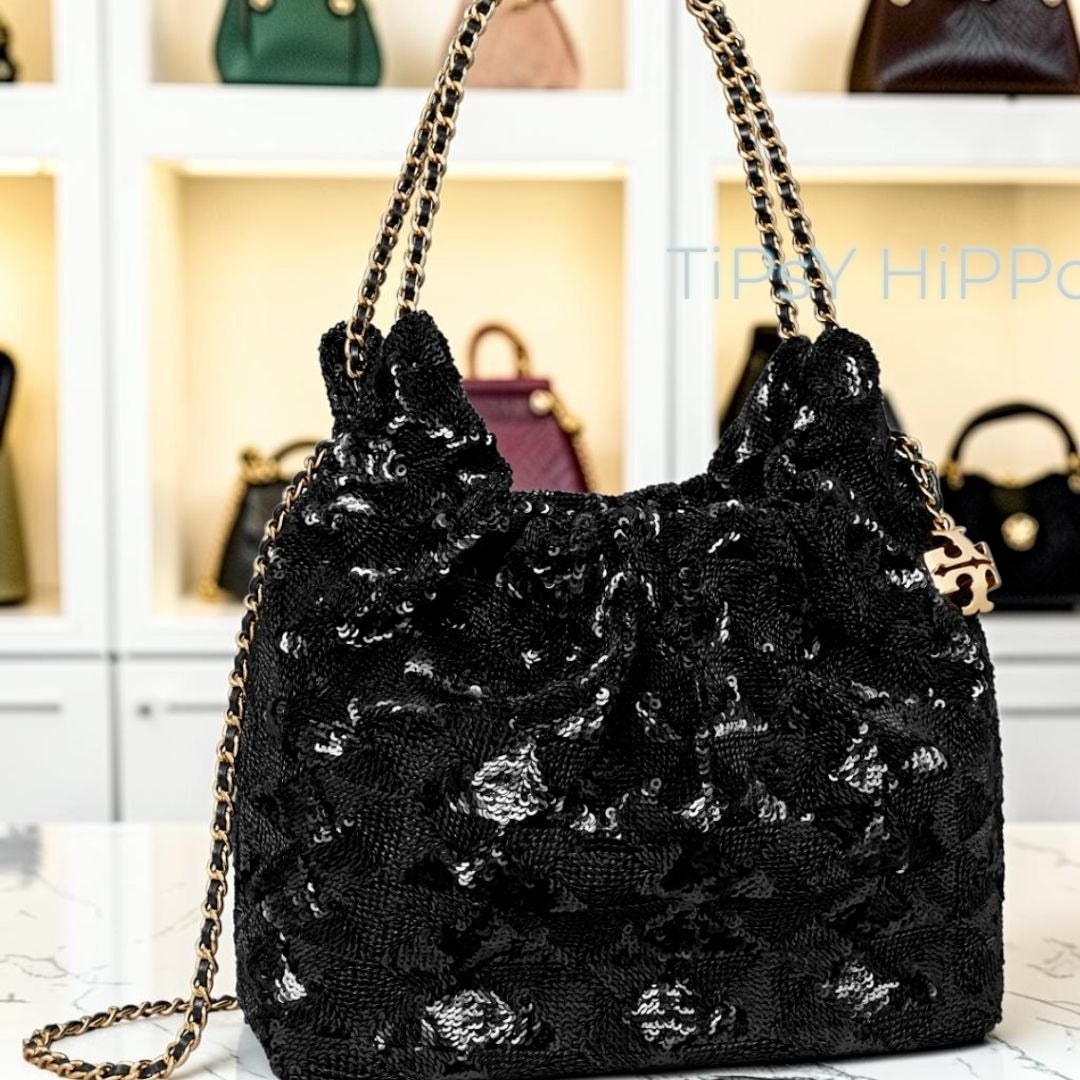 NEW!!  TORY BURCH FLEMING Black Sequin Hobo Bag/Crossbody  623T272P