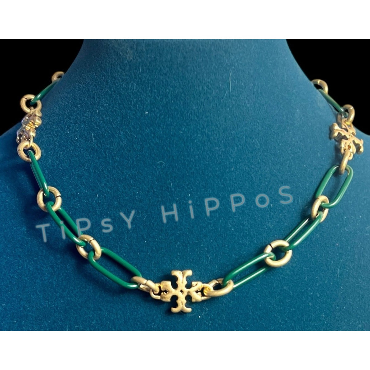 New!  Tory Burch Green Enamel and Gold Roxanne Chainlink Choaker Necklace