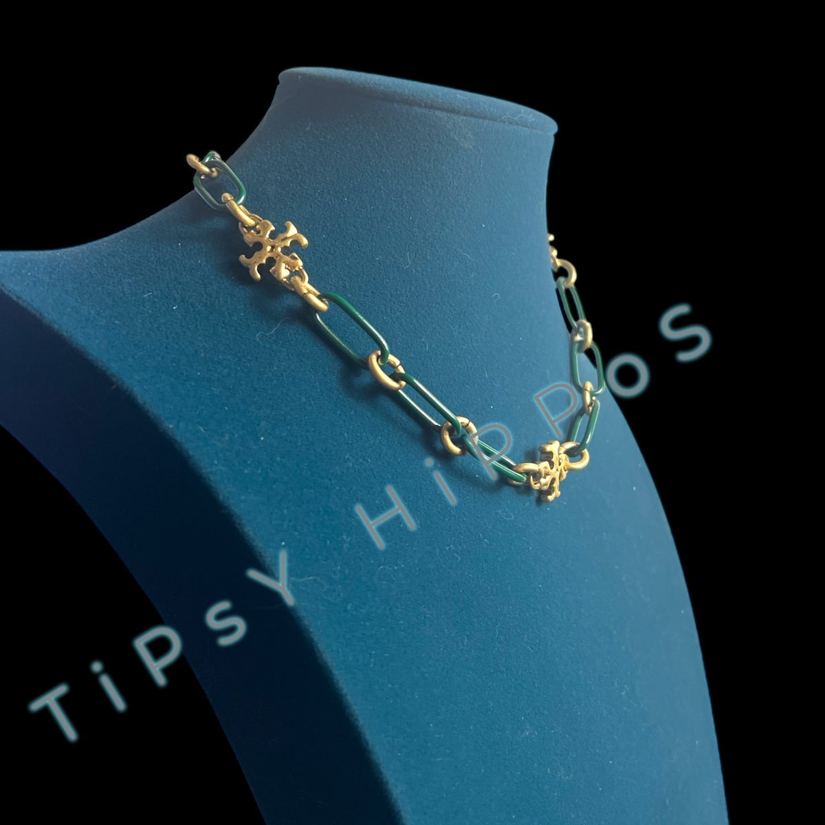 New!  Tory Burch Green Enamel and Gold Roxanne Chainlink Choaker Necklace