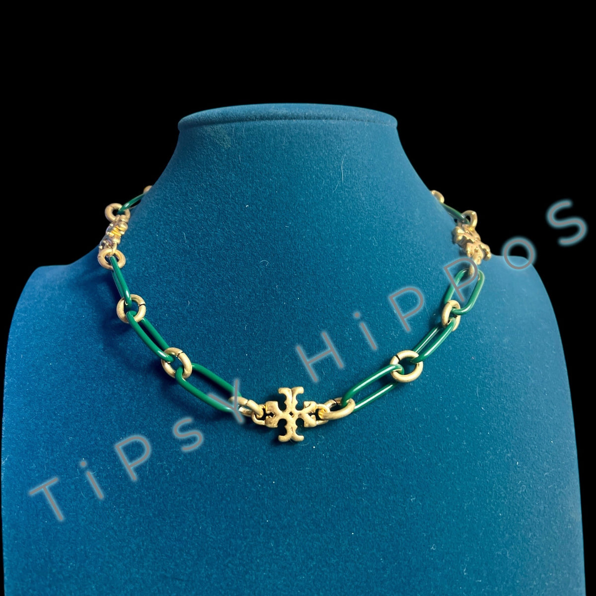 New!  Tory Burch Green Enamel and Gold Roxanne Chainlink Choaker Necklace