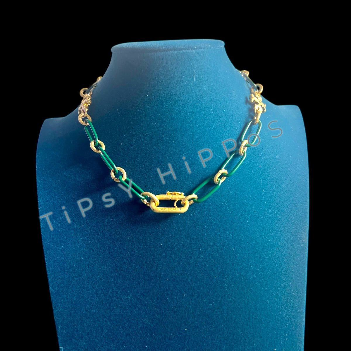 New!  Tory Burch Green Enamel and Gold Roxanne Chainlink Choaker Necklace