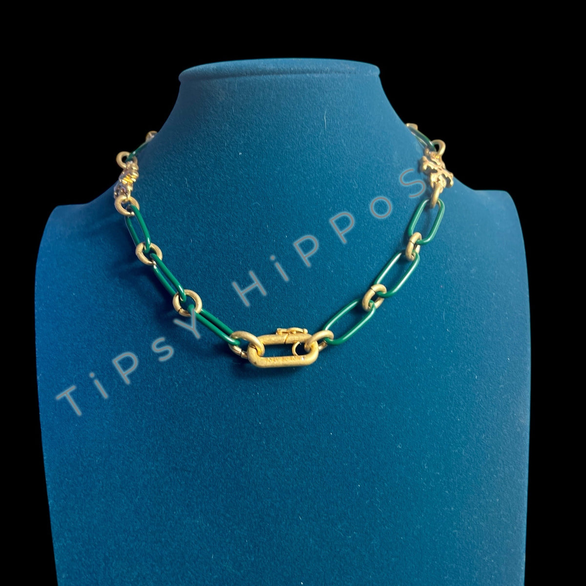 New!  Tory Burch Green Enamel and Gold Roxanne Chainlink Choaker Necklace