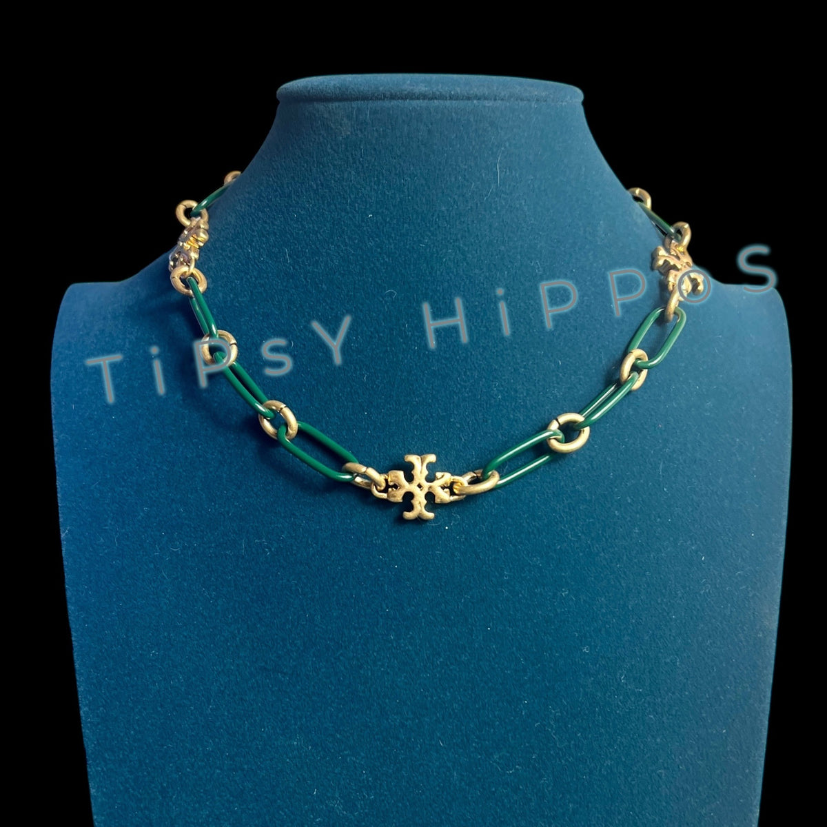 New!  Tory Burch Green Enamel and Gold Roxanne Chainlink Choaker Necklace