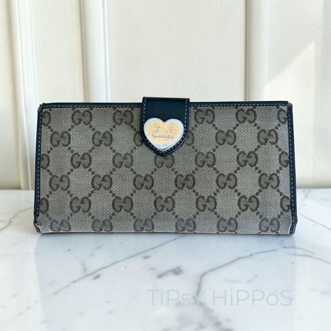 Gucci Brown GG Canvas & Leather Heart Clasp Wallet For Women