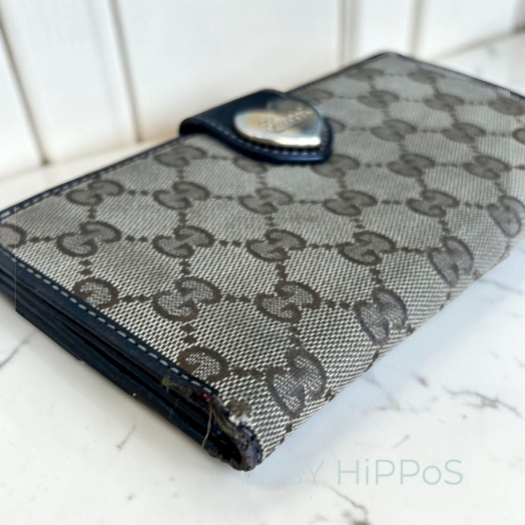 Gucci Brown GG Canvas & Leather Heart Clasp Wallet For Women