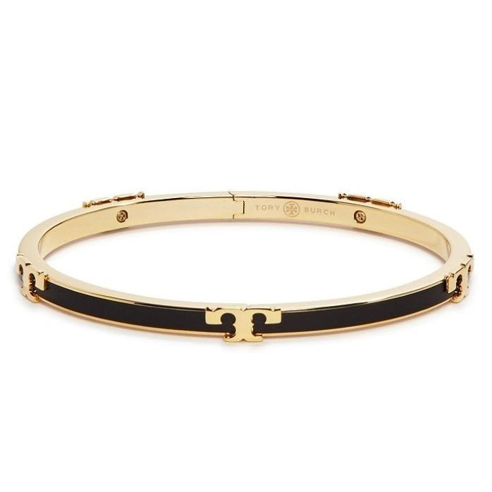 Tory Burch Black & Gold Enamel Serif Bangle Bracelet
