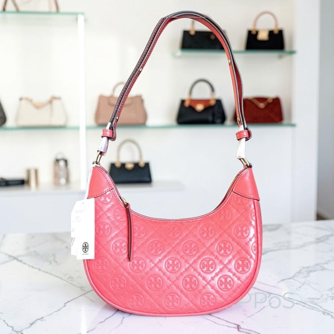 NEW!!!  AUTHENTIC TORY BURCH CORAL CRUSH MONOGRAM CRESENT HANDBAG