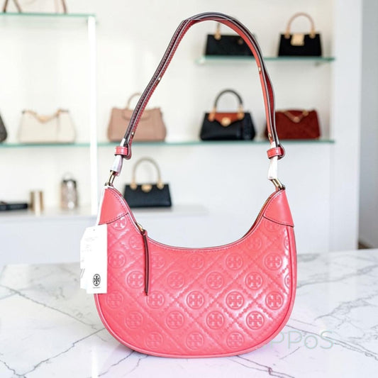 NEW!!!  AUTHENTIC TORY BURCH CORAL CRUSH MONOGRAM CRESENT HANDBAG