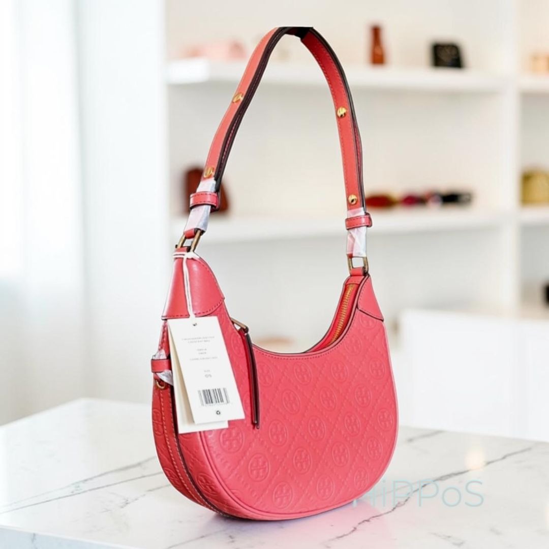 NEW!!!  AUTHENTIC TORY BURCH CORAL CRUSH MONOGRAM CRESENT HANDBAG