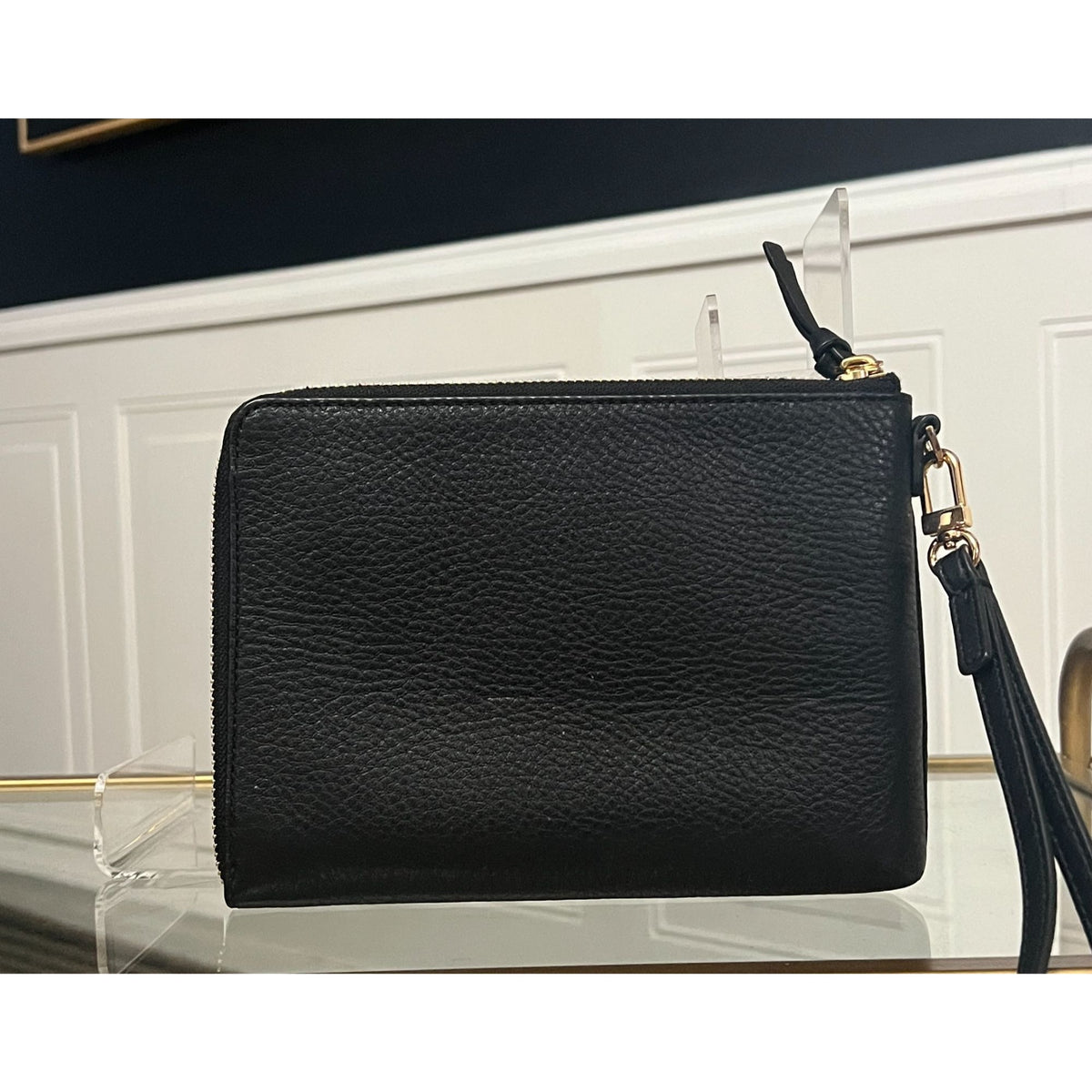 Tory Burch Britten Large Pebbled Leather Zip Pouch Wristlet - Black & Gold