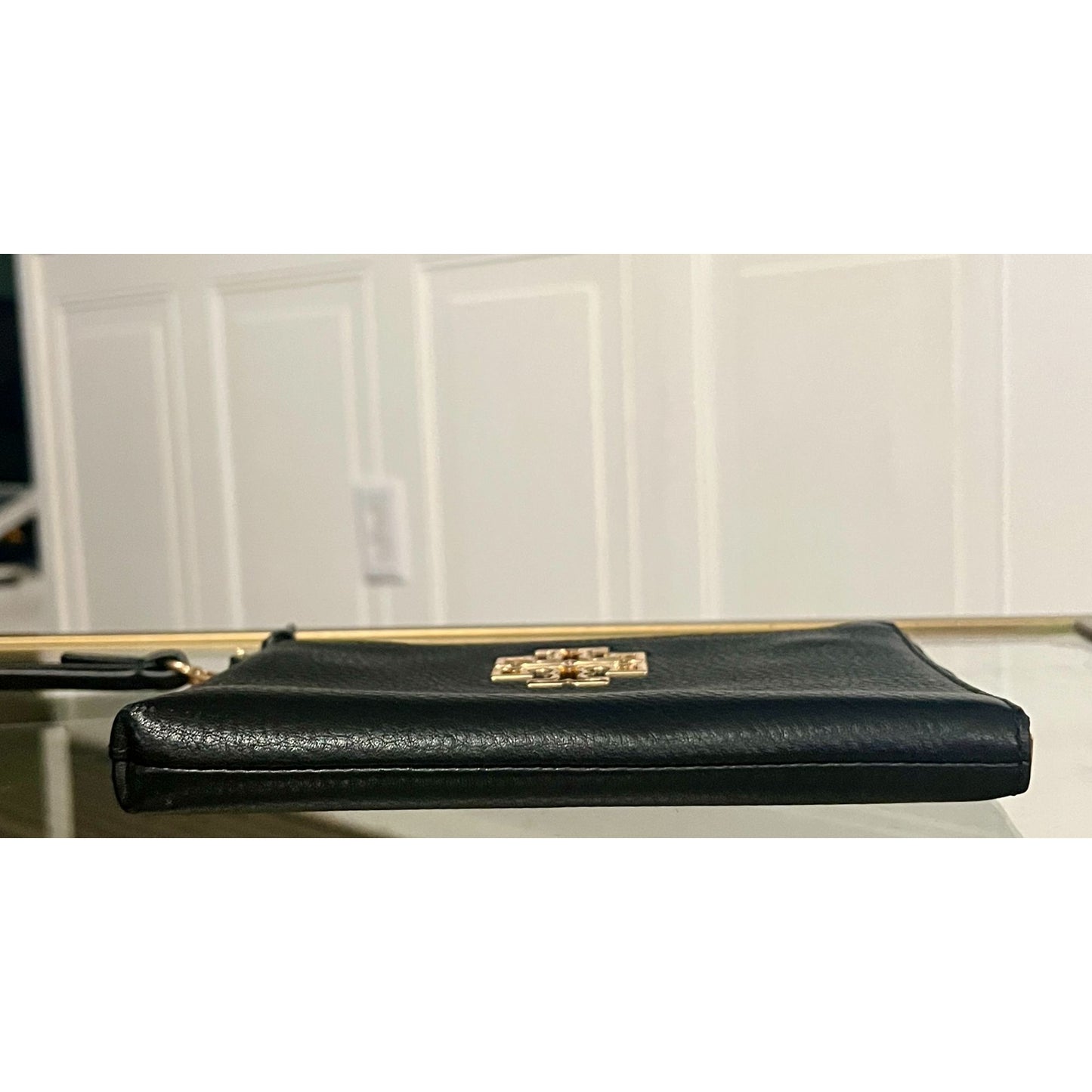 Tory Burch Britten Large Pebbled Leather Zip Pouch Wristlet - Black & Gold