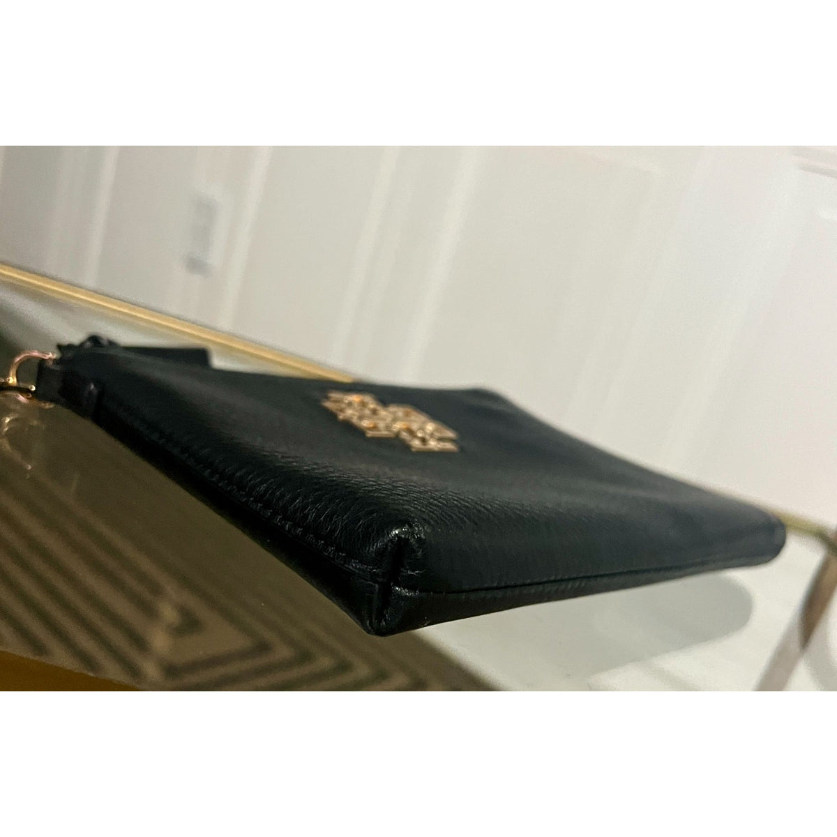 Tory Burch Britten Large Pebbled Leather Zip Pouch Wristlet - Black & Gold