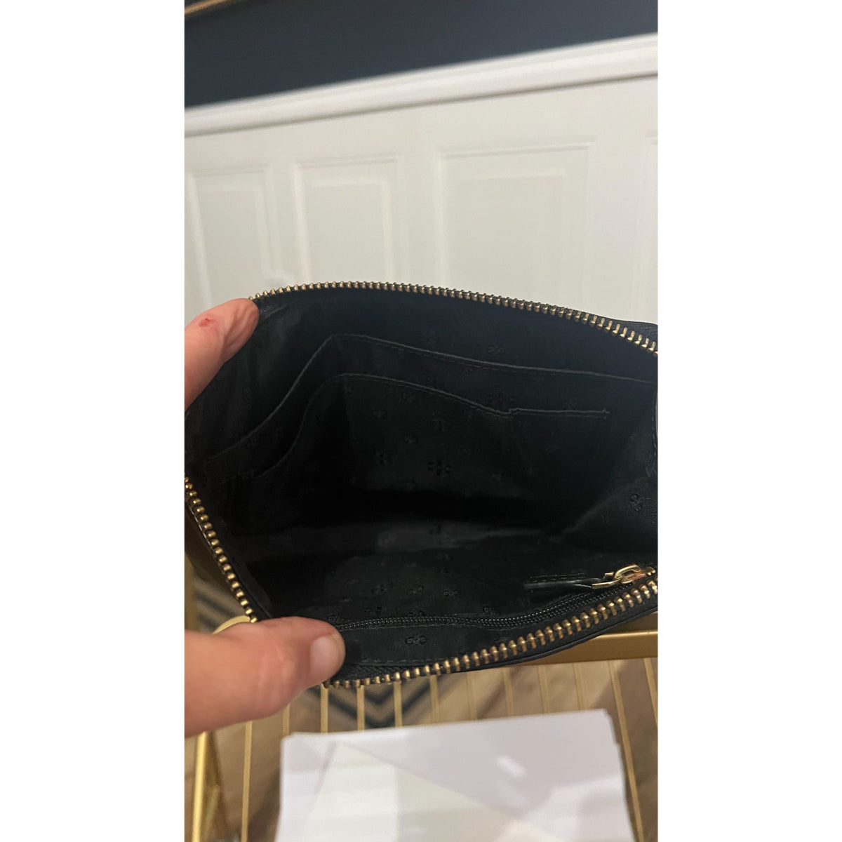 Tory Burch Britten Large Pebbled Leather Zip Pouch Wristlet - Black & Gold