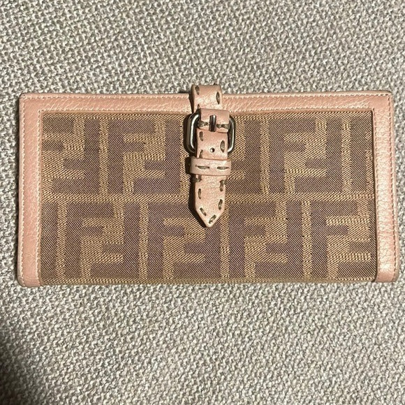 Fendi Zucca Canvas & Leather Bifold Wallet In PINK & Brown With Snap Closure & Interior Compartments
