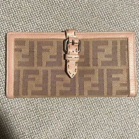 Fendi Zucca Canvas & Leather Bifold Wallet In PINK & Brown With Snap Closure & Interior Compartments
