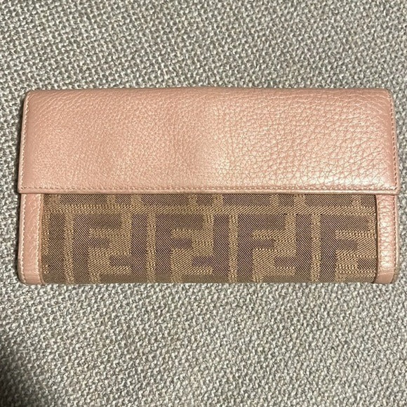 Fendi Zucca Canvas & Leather Bifold Wallet In PINK & Brown With Snap Closure & Interior Compartments