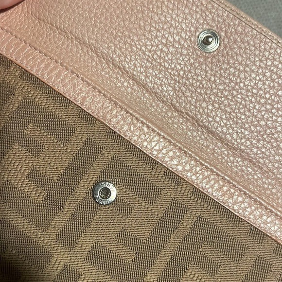 Fendi Zucca Canvas & Leather Bifold Wallet In PINK & Brown With Snap Closure & Interior Compartments