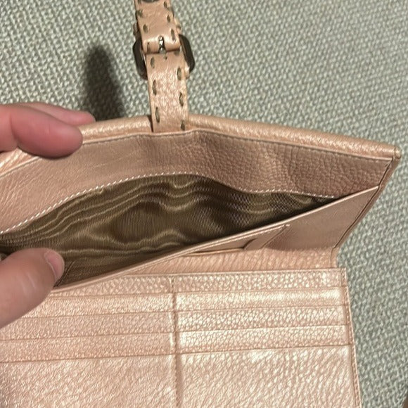 Fendi Zucca Canvas & Leather Bifold Wallet In PINK & Brown With Snap Closure & Interior Compartments